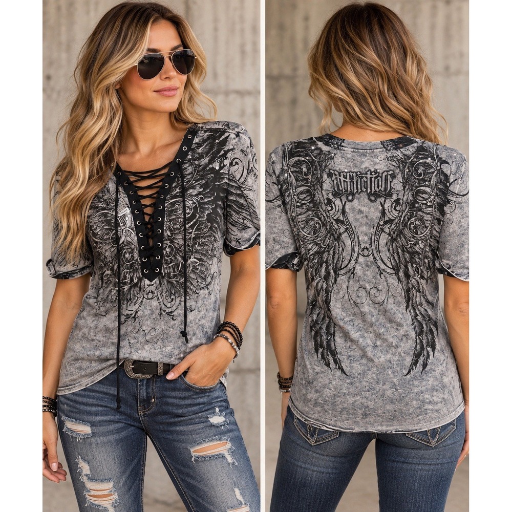 Affliction Live Fast Women L Lace Up Wing Rhinestone T Shirt Y2K Acid Wash